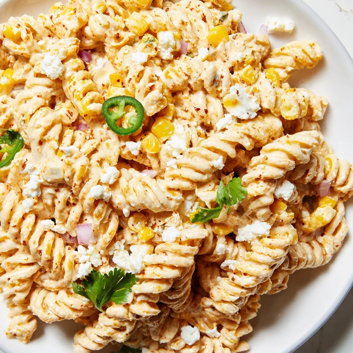 Creamy elote pasta salad topped with crumbled cotija cheese and fresh cilantro