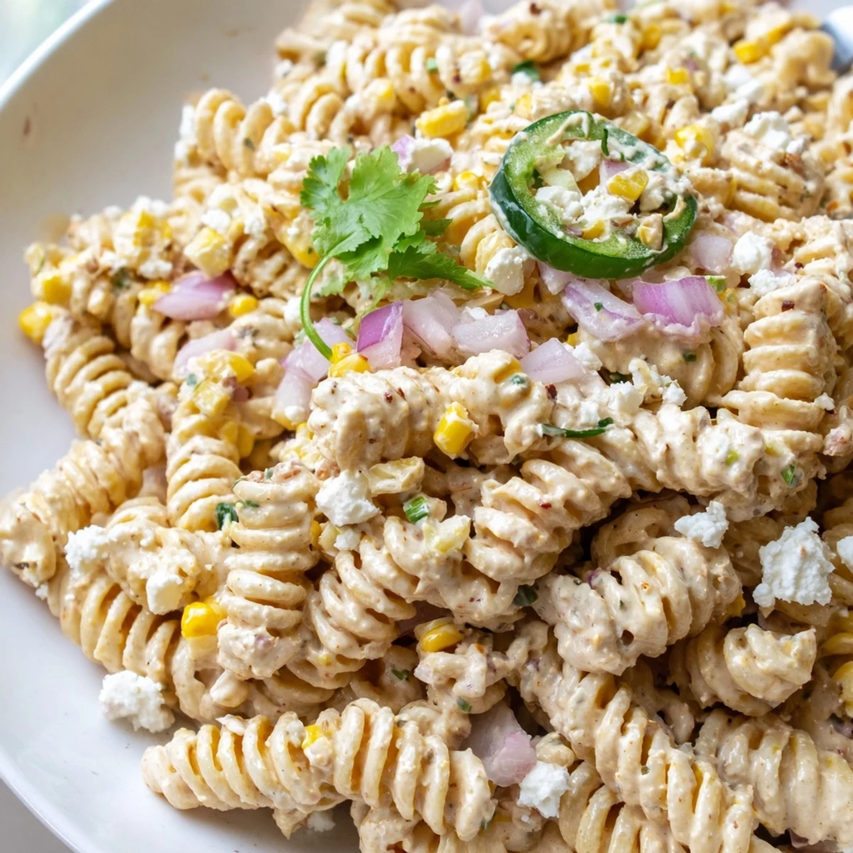 Vibrant elote pasta salad loaded with sweet corn and zesty lime dressing