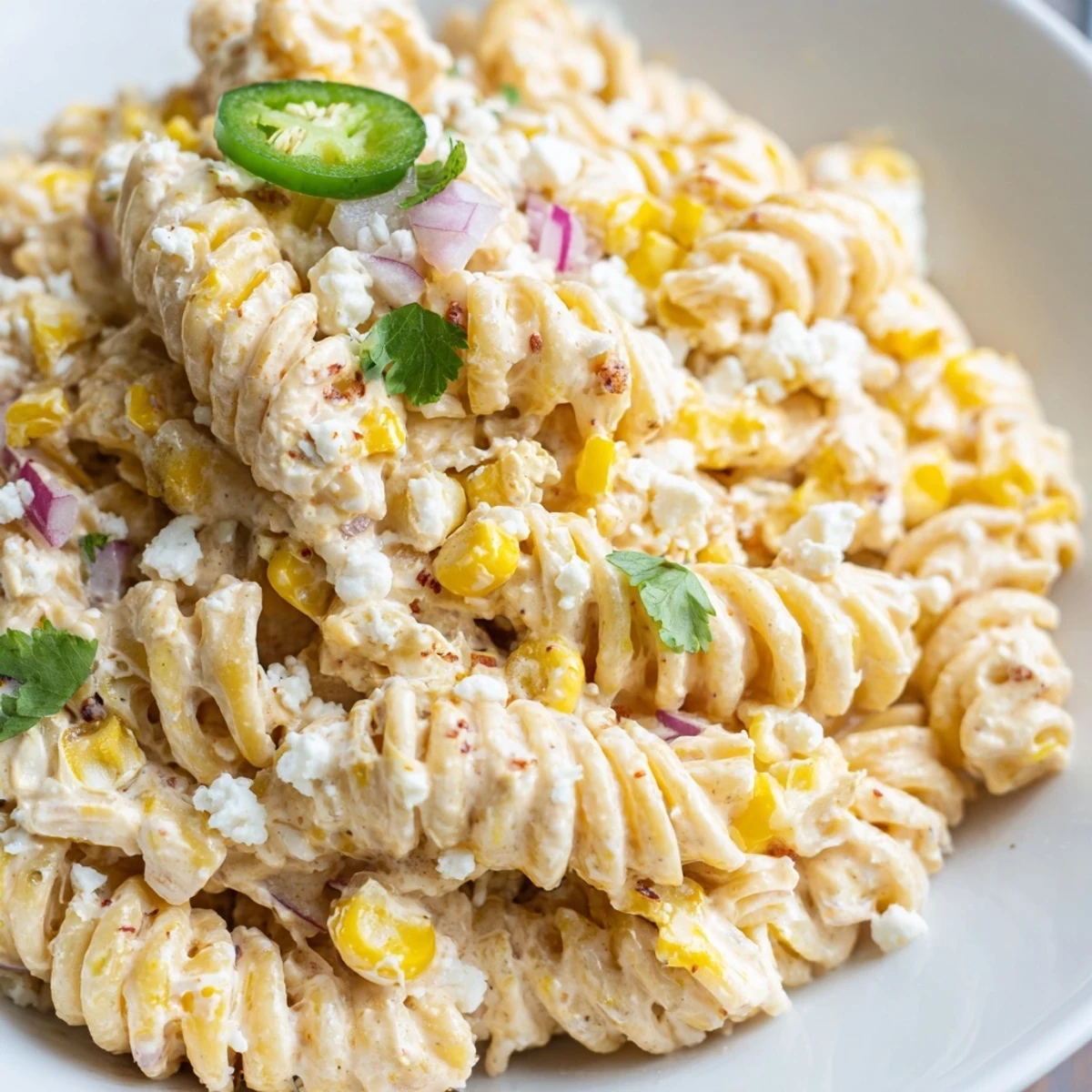 Smoky elote pasta salad served in a bowl with ripe lime wedges