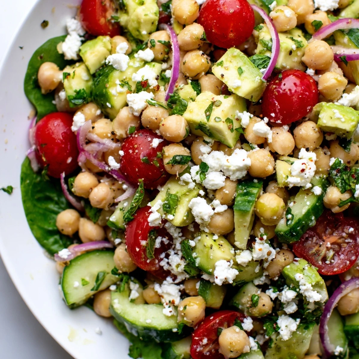 Creamy chickpea feta avocado salad served in a rustic white bowl