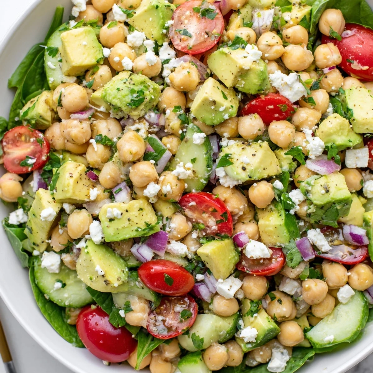 Golden lemon-dressed chickpea feta avocado salad arranged on a summery plate