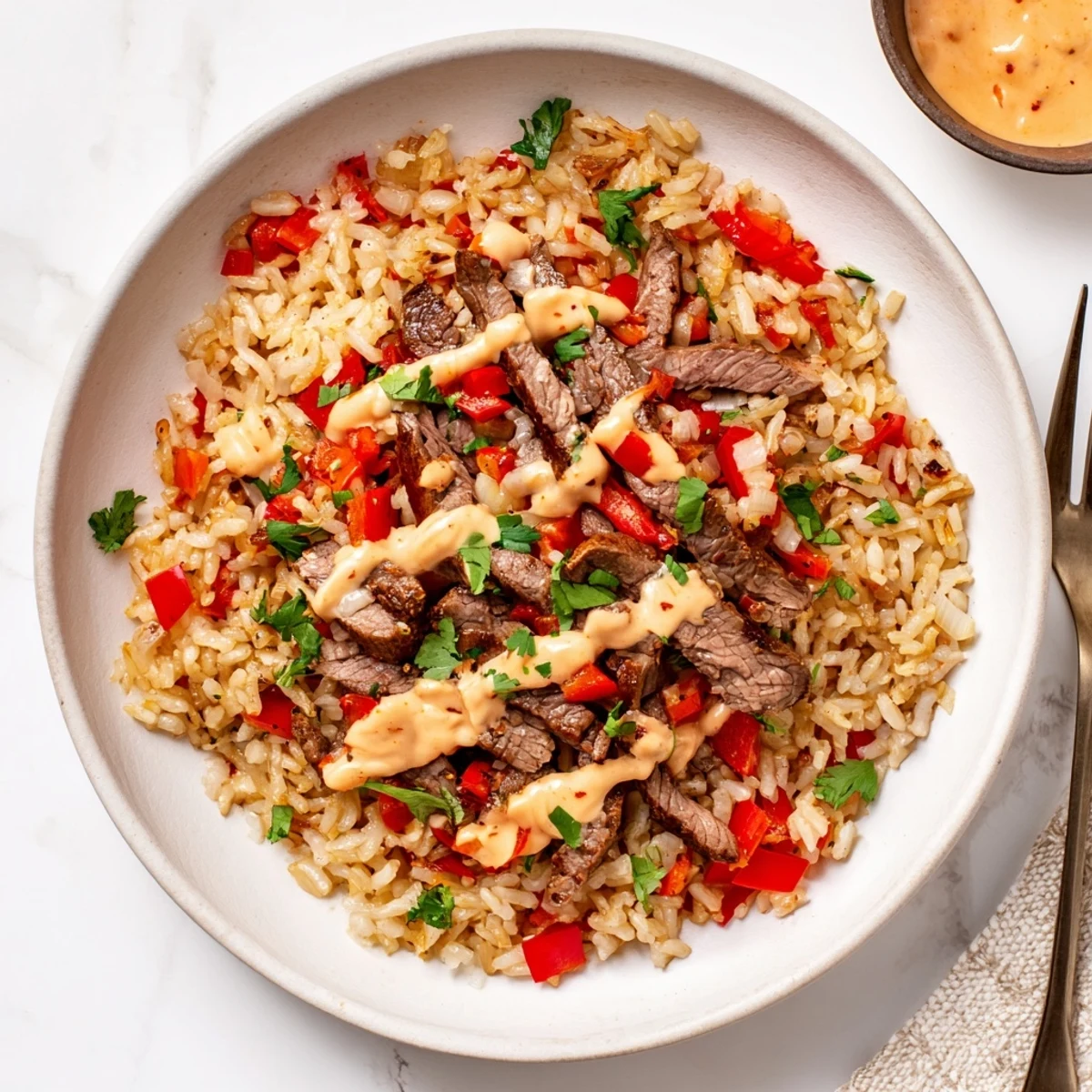 Creamy steak queso rice drizzled with warm melted cheese and seasoned vegetables