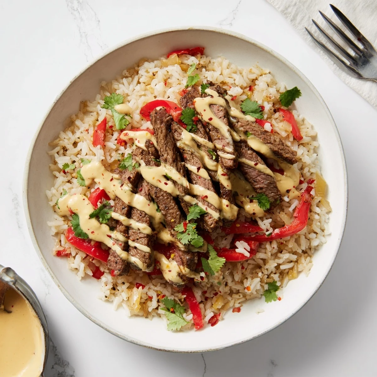 Sizzling steak queso rice topped with tender sliced beef and golden peppers