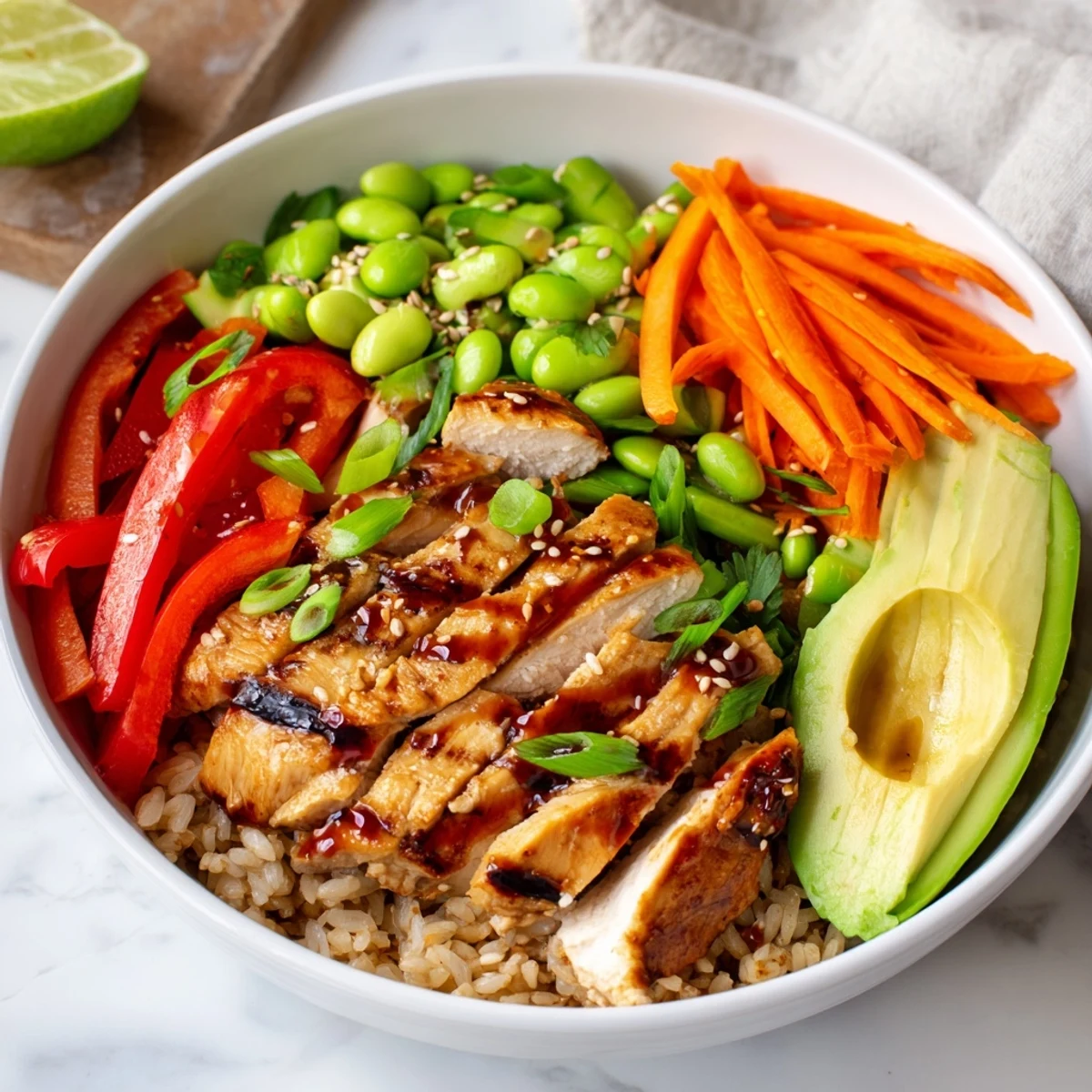 Golden grilled chicken Asian Power Bowl with colorful crisp vegetables and sesame drizzle