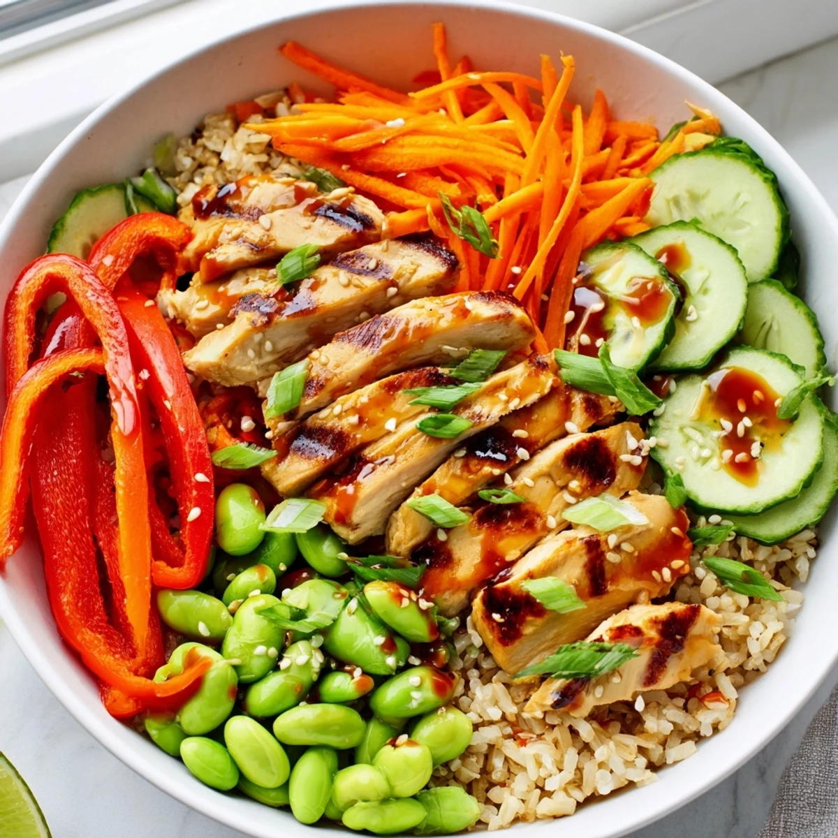 Asian Inspired Chicken Power Bowl topped with sliced avocado and fresh cilantro