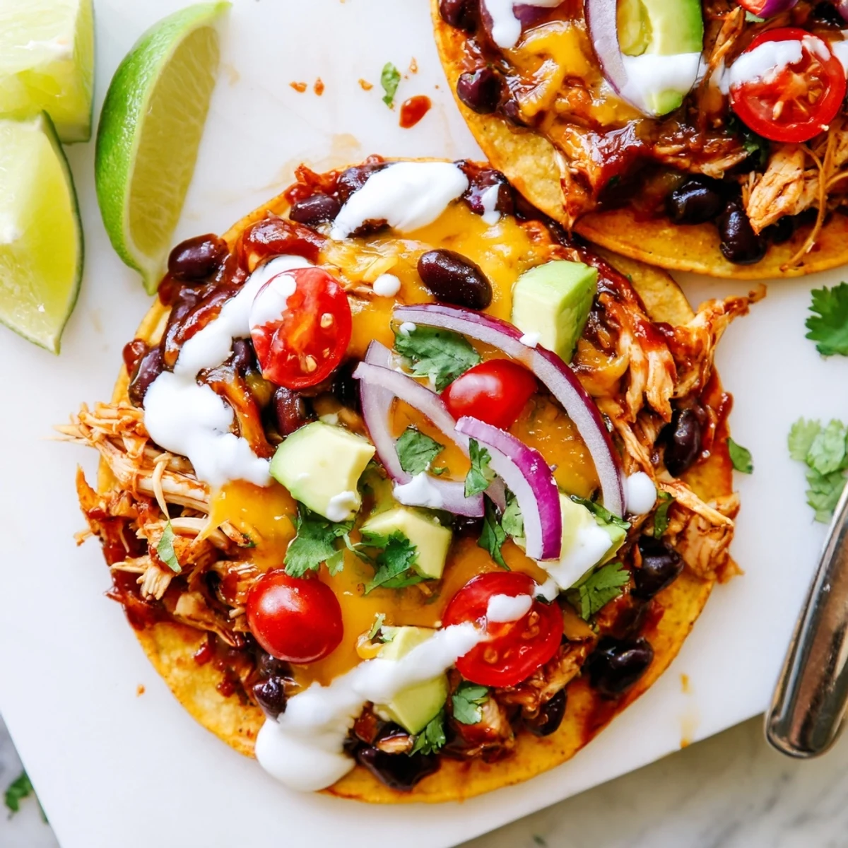 Crispy sweet smoky BBQ chicken tostadas loaded with melted cheddar and fresh avocado