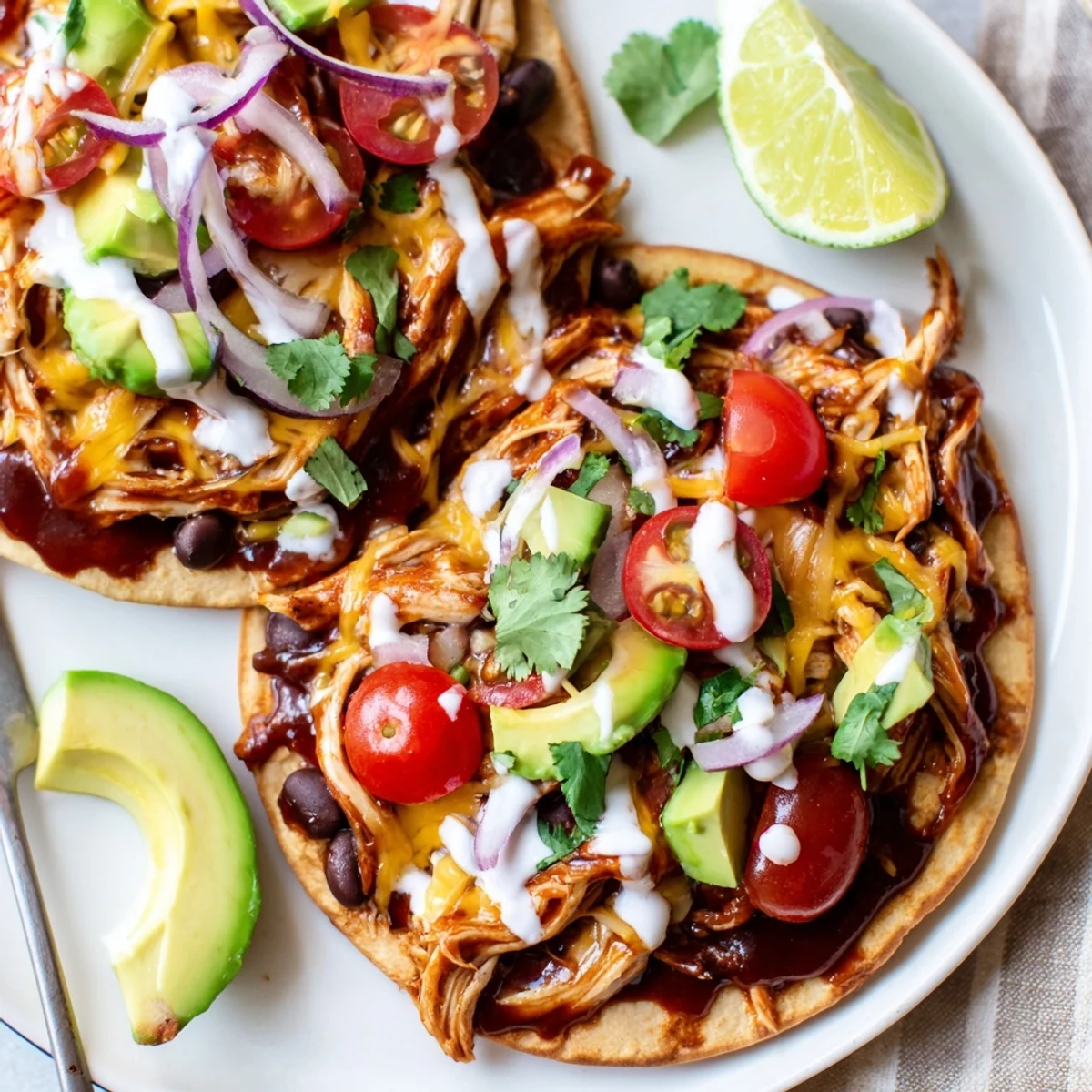 Golden tostada shells piled high with tender sweet smoky BBQ chicken and colorful veggie toppings