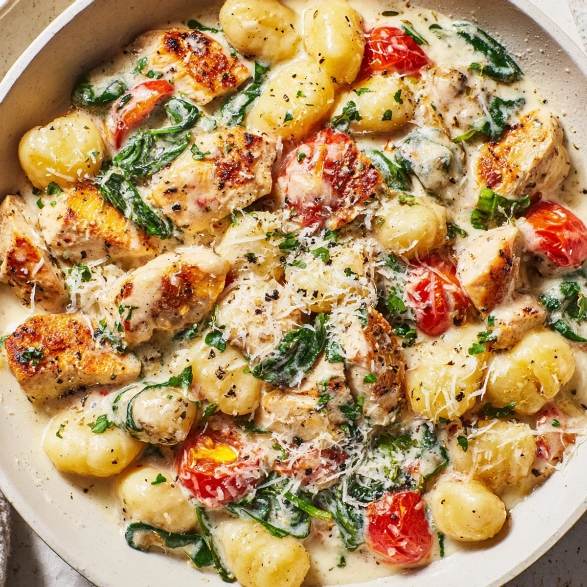 Creamy herb chicken gnocchi skillet bubbling with golden seared chicken and vibrant fresh herbs