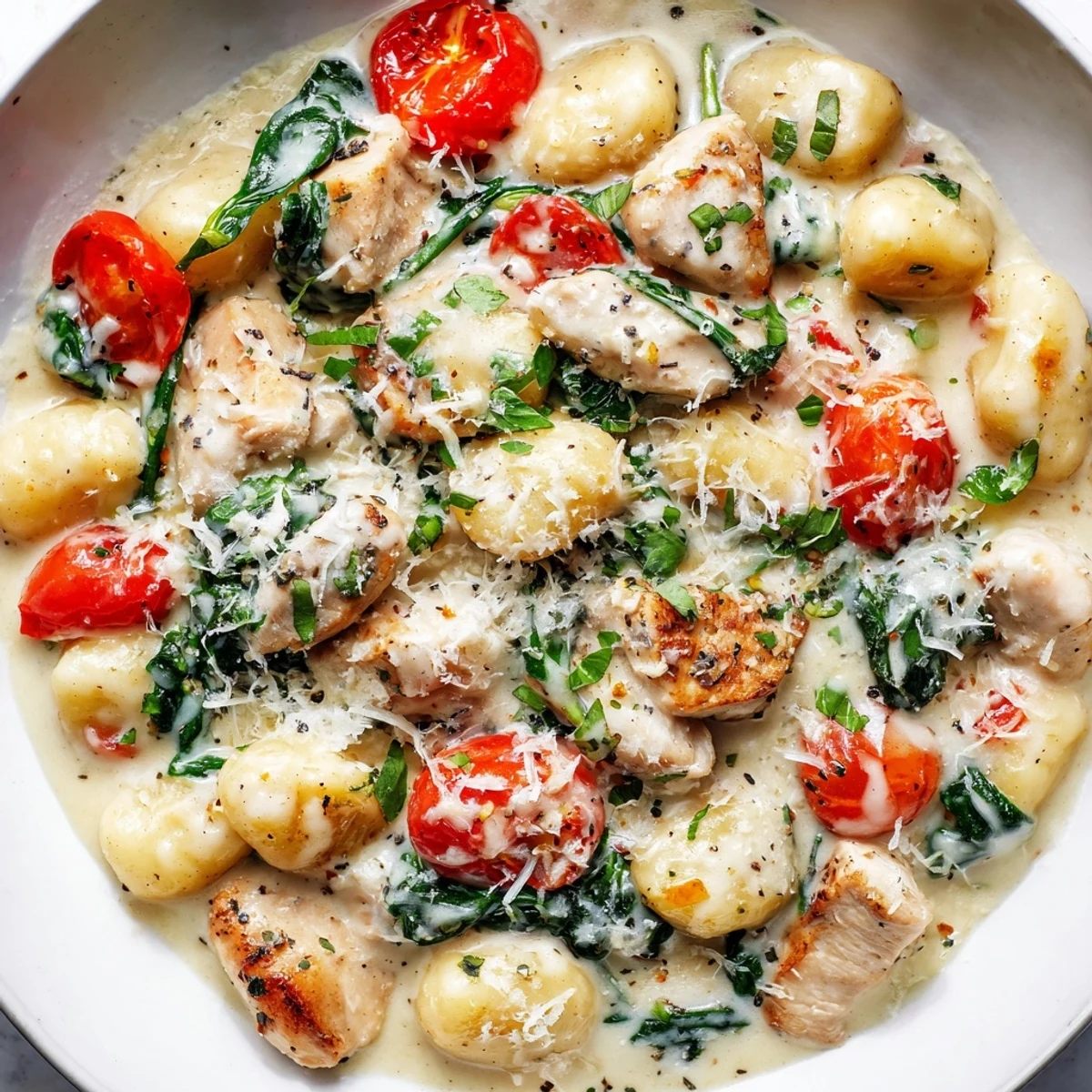Steaming creamy herb chicken gnocchi skillet topped with wilted spinach and grated Parmesan