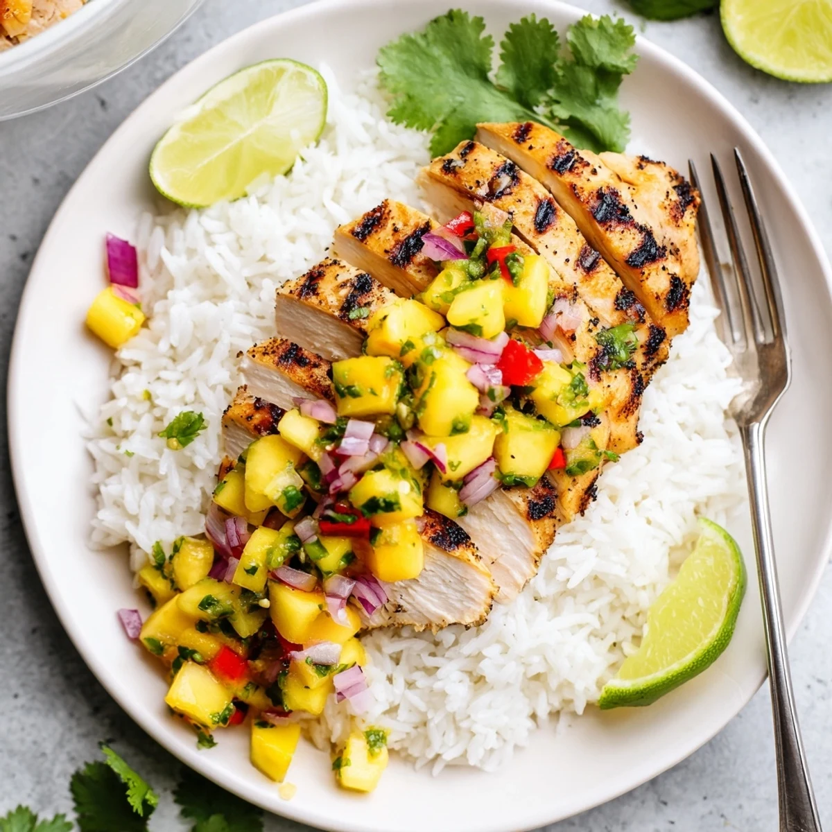 Juicy grilled chicken with pineapple mango salsa over coconut rice on a white plate