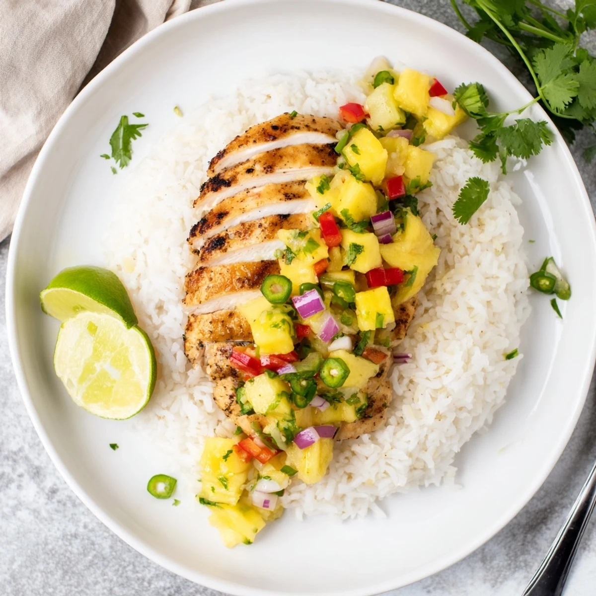 Tropical Dinner Delight featuring golden sliced chicken topped with vibrant fruit salsa and lime
