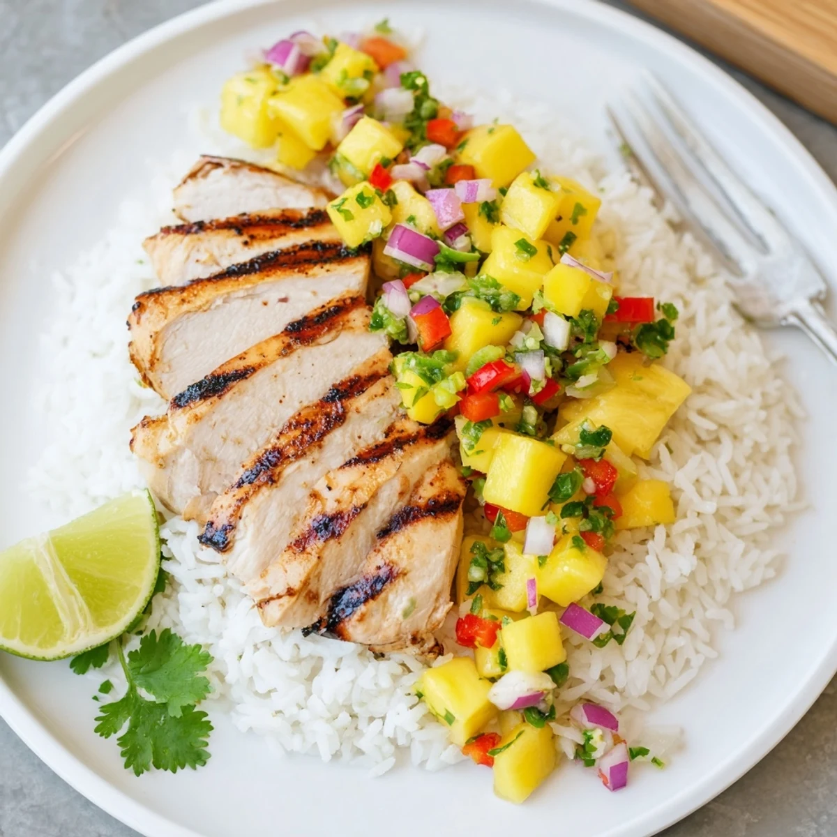 Smoky paprika chicken served alongside fluffy coconut rice with colorful pineapple mango garnish