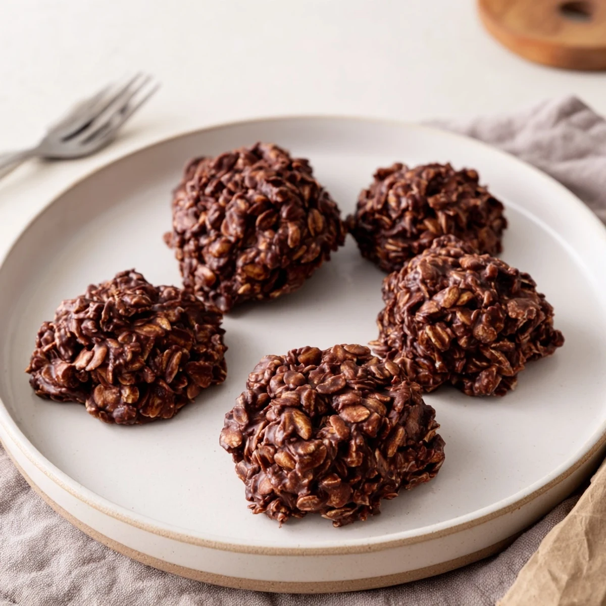 Glossy chocolate oatmeal no bake cookies stacked on parchment paper with craggy oat-studded tops