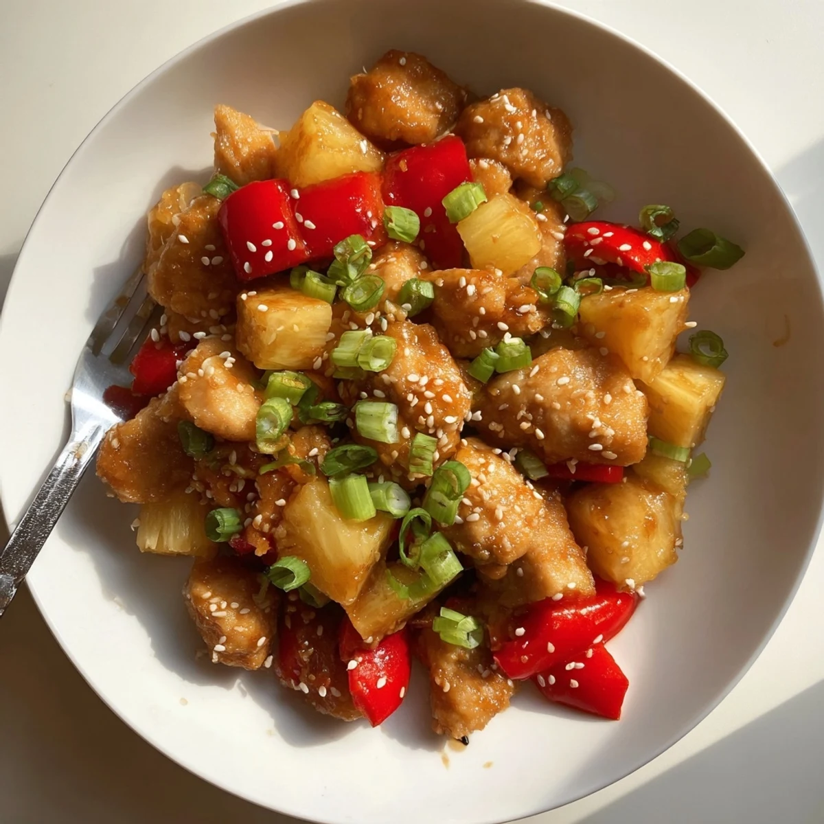 Glossy Hawaiian Chicken glazed in golden pineapple sauce with diced red bell pepper