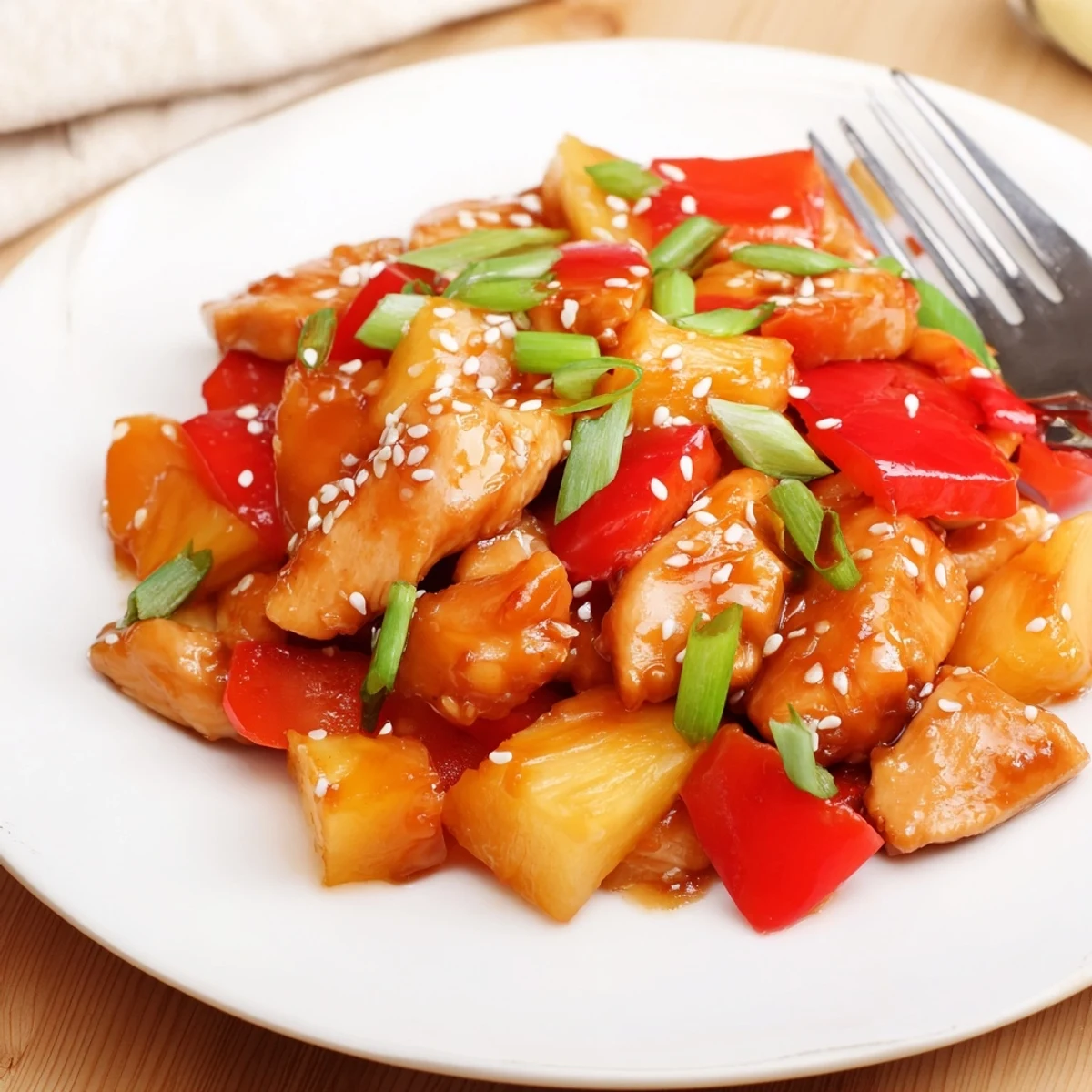 Juicy Hawaiian Chicken nestled in tangy caramelized pineapple chunks and scattered sesame seeds