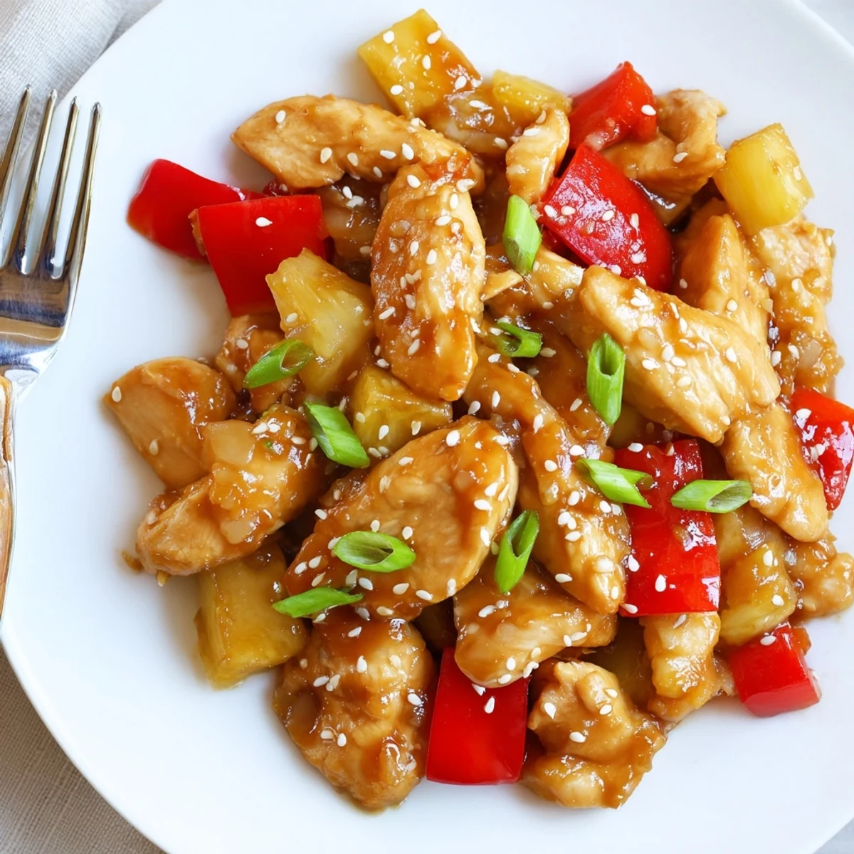 Sweet and savory Hawaiian Chicken drizzled with thick pineapple ginger sauce and green onions