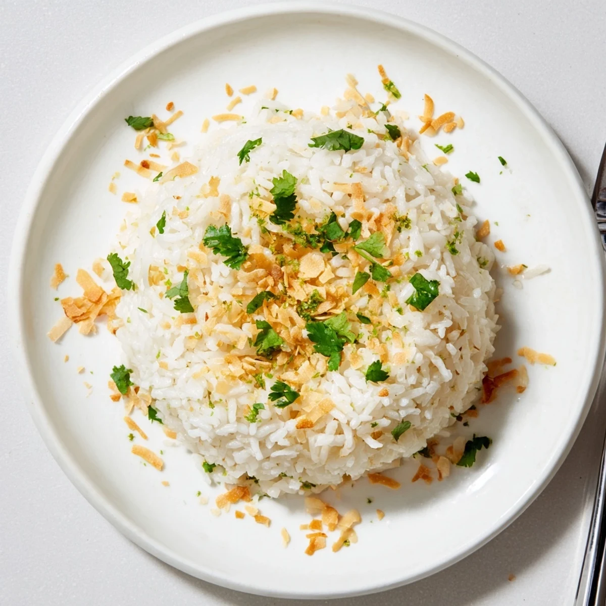 Creamy coconut rice steaming in a bowl topped with toasted coconut flakes and cilantro