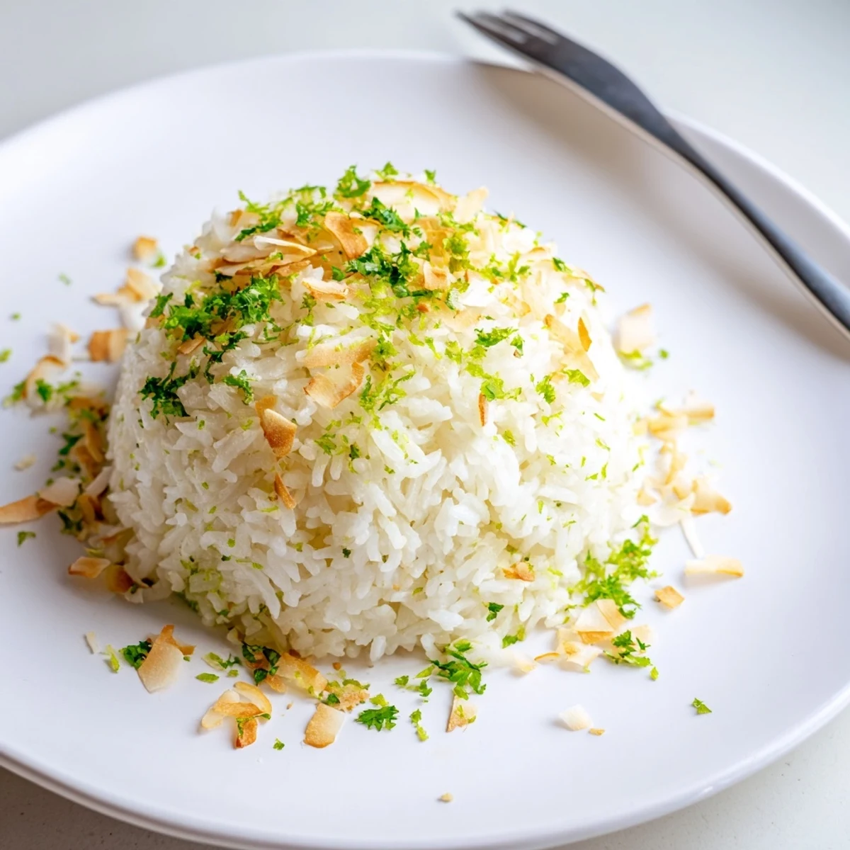 Fluffy coconut rice served alongside a vibrant Thai curry in a white dish