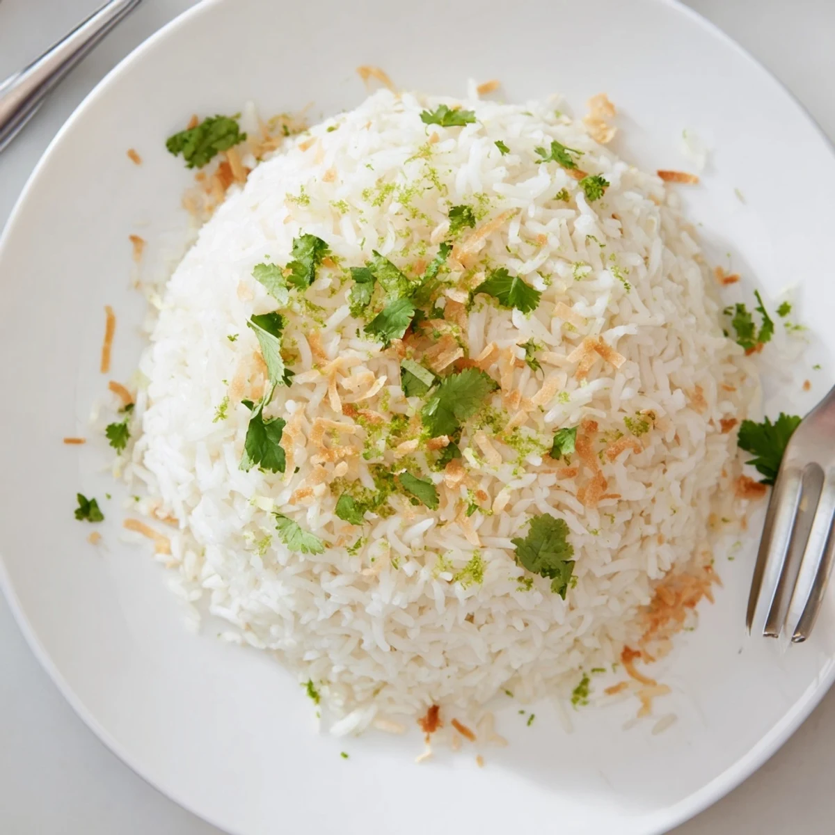 Fragrant coconut rice garnished with lime zest and fresh herbs in a rustic bowl