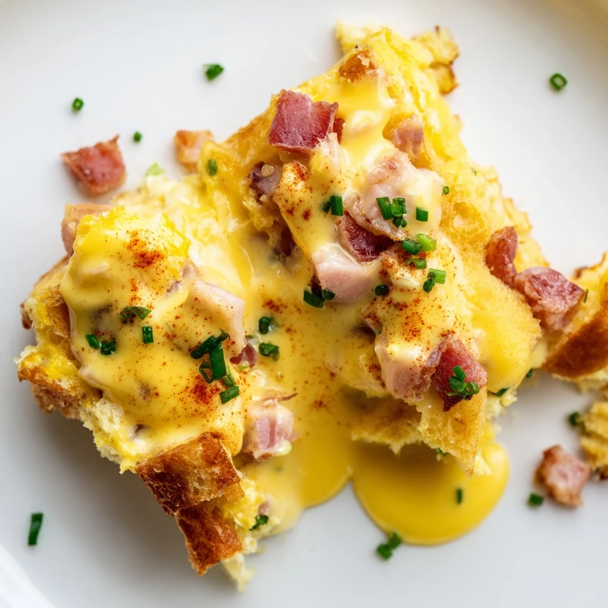 Golden Eggs Benedict Casserole topped with creamy hollandaise and fresh chopped chives