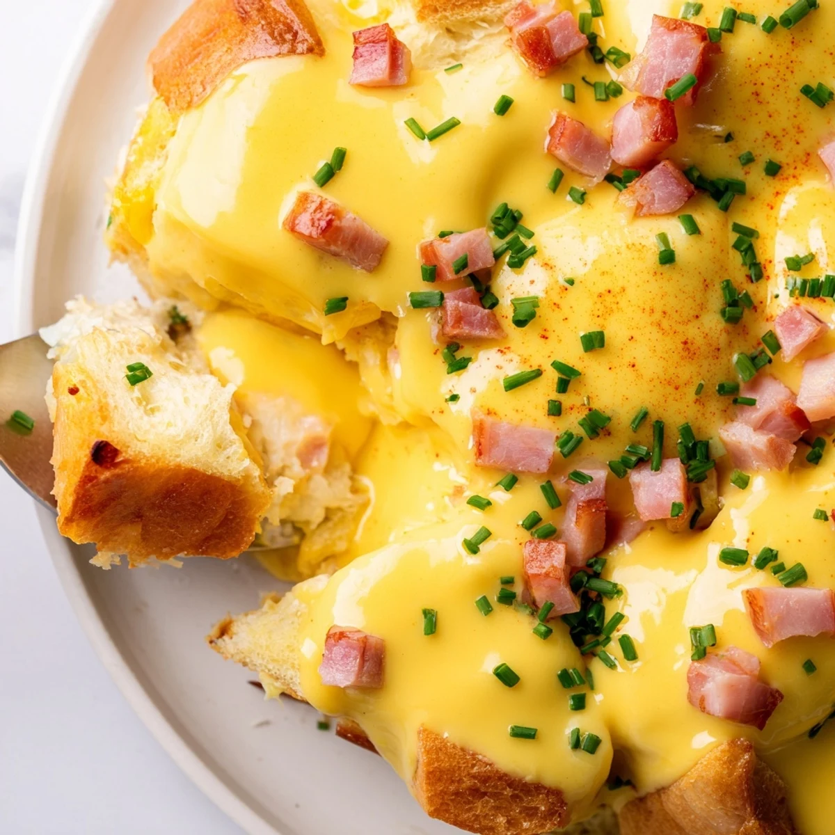Steaming scoop of Eggs Benedict Casserole with Canadian bacon and fluffy egg