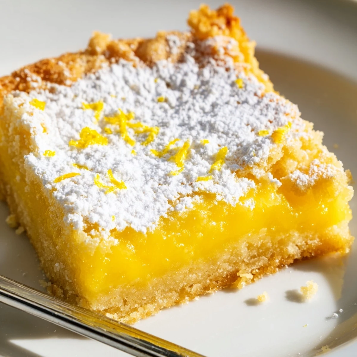 Golden simple lemon bars with powdered sugar on a rustic cutting board
