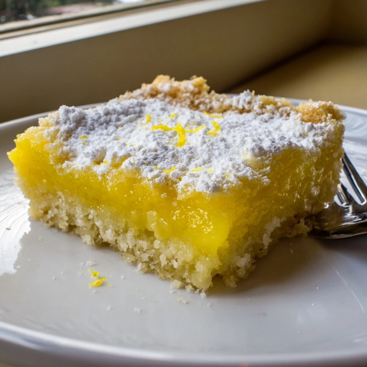 Bright yellow simple lemon bars sliced into squares dusted with sweet sugar