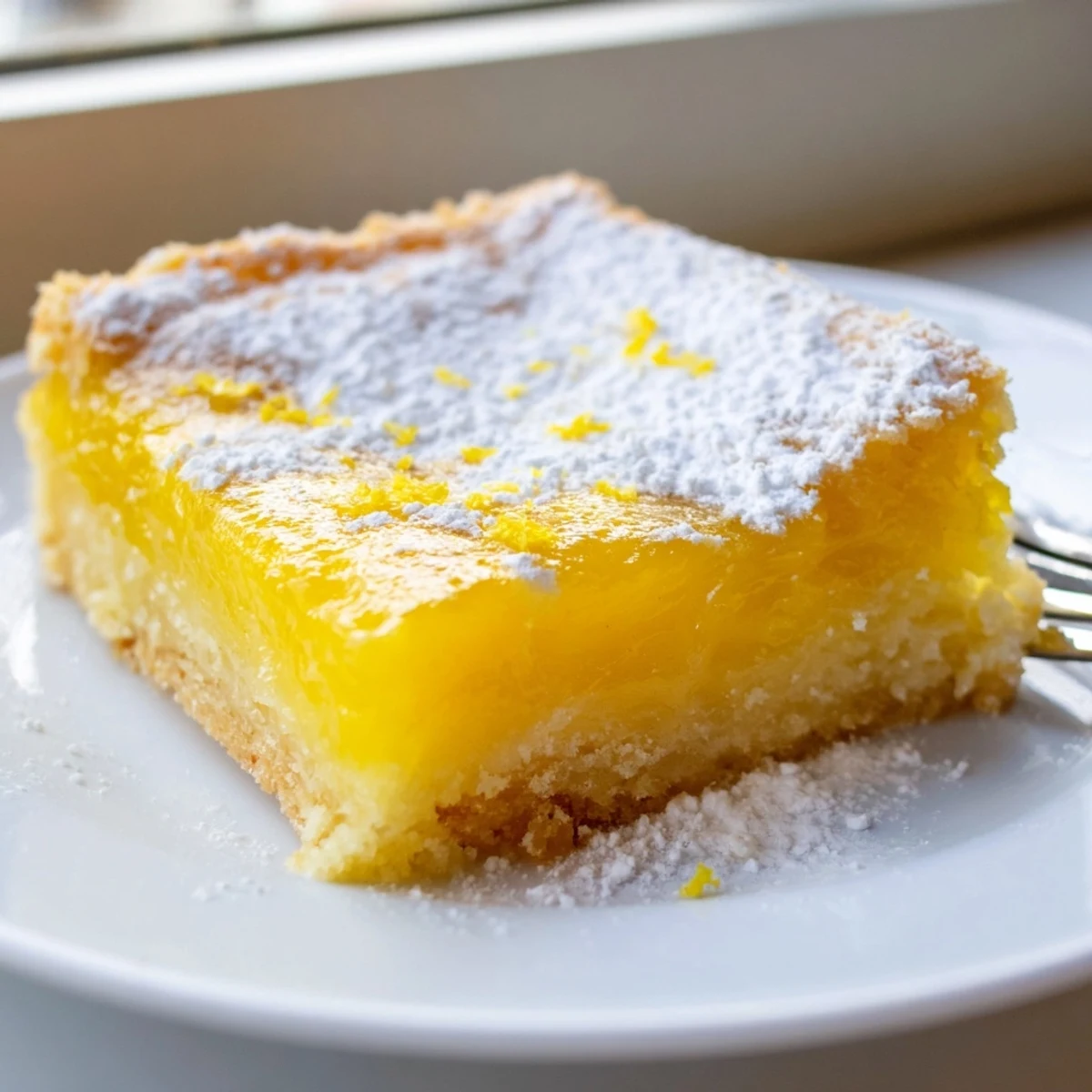 Tangy simple lemon bars with a buttery shortbread crust on a decorative plate