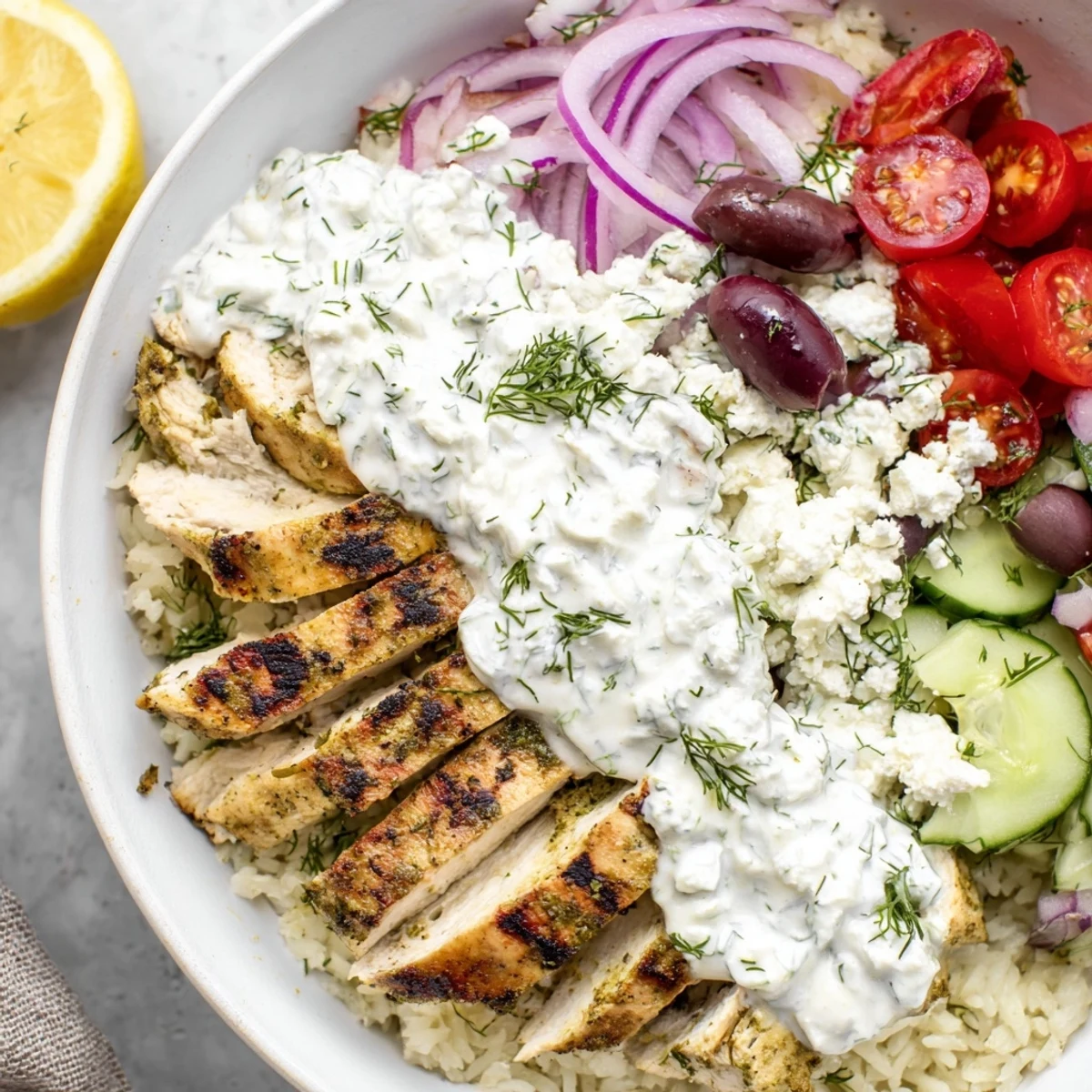 Golden grilled Greek chicken bowls with creamy tzatziki, ripe tomatoes, and crumbled feta cheese.