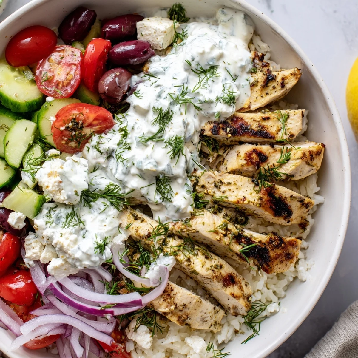 Herbed chicken sliced over fluffy rice in a fresh Greek chicken bowl with cucumber and olives.