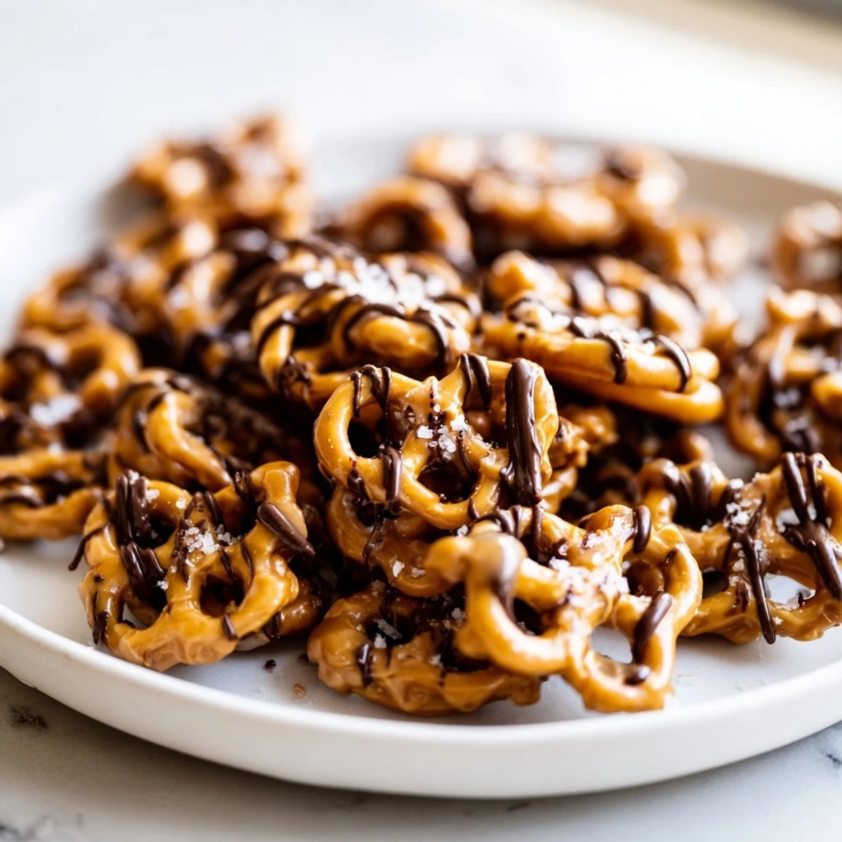 Crunchy butter toffee pretzels piled in a bowl, finished with flaky sea salt