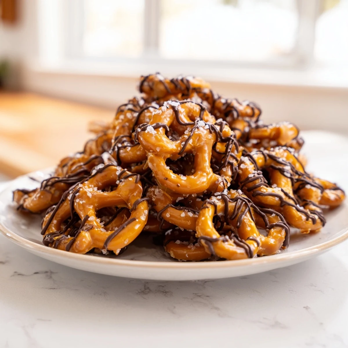 Golden butter toffee pretzels glistening with a rich chocolate drizzle on parchment paper