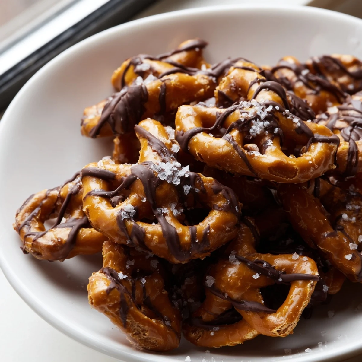 Sweet and salty butter toffee pretzels coated in caramelized toffee with chocolate streaks