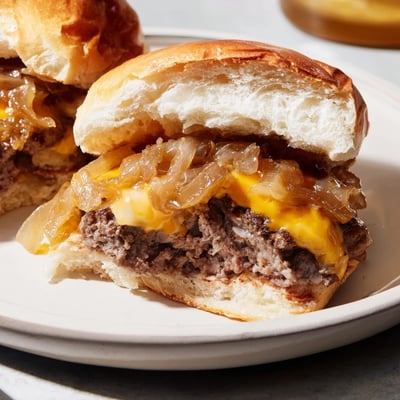 Toasted slider buns holding Beef Sliders with Caramelized Onions and Cheese and crisp lettuce garnish.