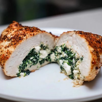 A close-up of Spinach and Feta Stuffed Chicken Breast sliced open to reveal creamy filling in dim evening light.