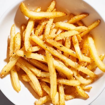 Golden Crispy Air Fryer French Fries with Sea Salt served in a black bowl next to ketchup for dipping.