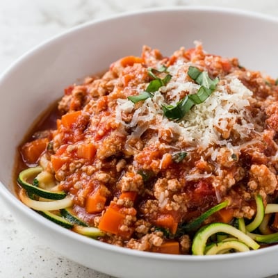 Homemade Turkey Bolognese Sauce simmered over tender zucchini noodles garnished with fresh basil.
