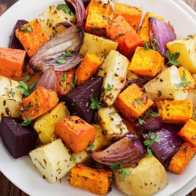 Tender sweet potatoes, carrots, and beets in a roasted root vegetable medley with dried herbs, served warm.
