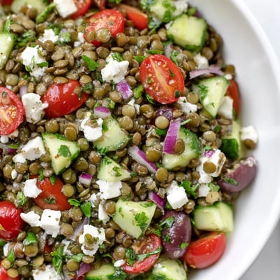 Colorful Mediterranean Lentil Salad with bright red bell peppers, Kalamata olives, and red onion, garnished with fresh parsley, resting on a wooden table ready for a healthy lunch.