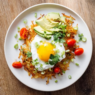 Freshly fried Loaded Hash Browns served with ripe avocado, cottage cheese, and a sunny-side-up egg for a hearty breakfast.