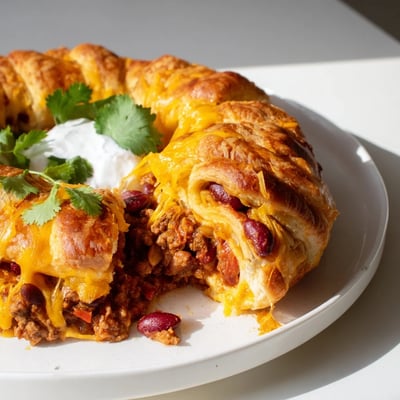 Savory Beef Chili Taco Crescent Roll Ring on a platter, garnished with jalapeños and cilantro, surrounded by sour cream and guacamole.