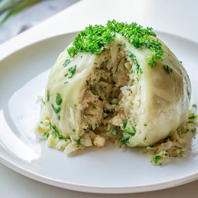 A close-up of golden German Cabbage Dumplings served on a plate alongside a creamy mushroom sauce for dipping.