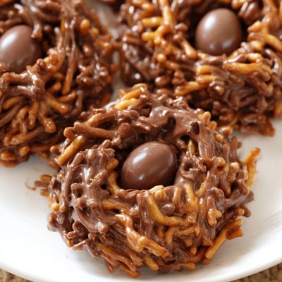 Golden brown Easter Birds Nest Cookies with Peanut Butter and Chocolate arranged on a white platter with pastel Easter decorations nearby.