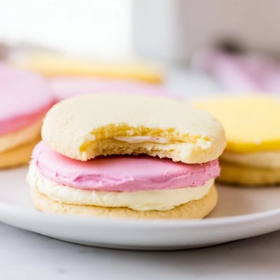 Pastel sugar cookie sandwiches stacked on a plate, sprinkles adding texture and festive look.