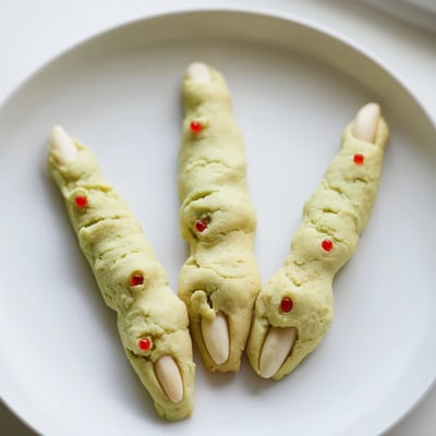Golden Creepy Witch Finger Cookies arranged on a spooky Halloween dessert platter