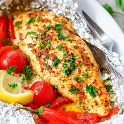 Golden herb-seasoned chicken foil packets recipe served open on a plate with fresh lemon wedges