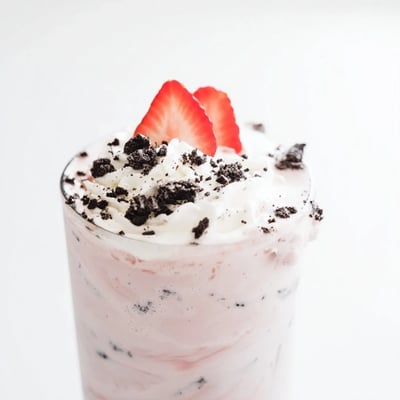 Two chilled glasses of creamy Strawberry Oreo Milkshake garnished with fresh strawberry slices