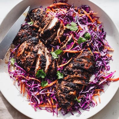 Grilled jerk chicken with caramelized edges resting beside crisp tropical mango slaw