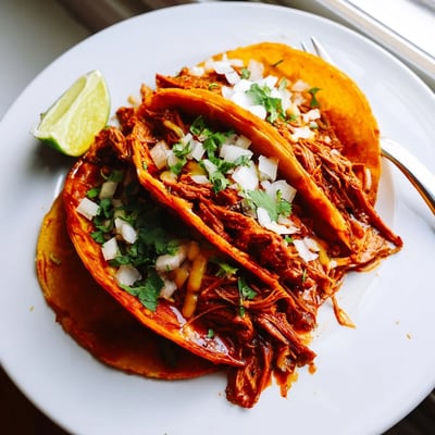 Tender shredded beef in slow cooker birria tacos served with warm consommé