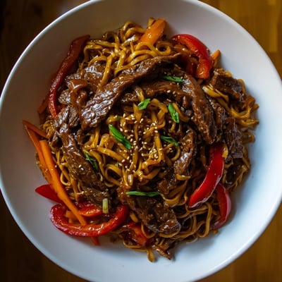 Plate of Sticky Beef Noodles topped with sesame seeds and scallions